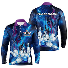 Load image into Gallery viewer, Blue Lightning Thunder Bowling Polo, 1/4 Zip Shirt For Men Purple Flame Custom name Team Bowler Jersey NQS8614