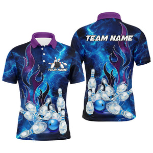 Blue Lightning Thunder Bowling Polo, 1/4 Zip Shirt For Men Purple Flame Custom name Team Bowler Jersey NQS8614