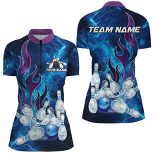 Load image into Gallery viewer, Blue Lightning Thunder Bowling Polo, 1/4 Zip Shirt For Women Purple Flame Custom Team Bowler Jerseys NQS8614