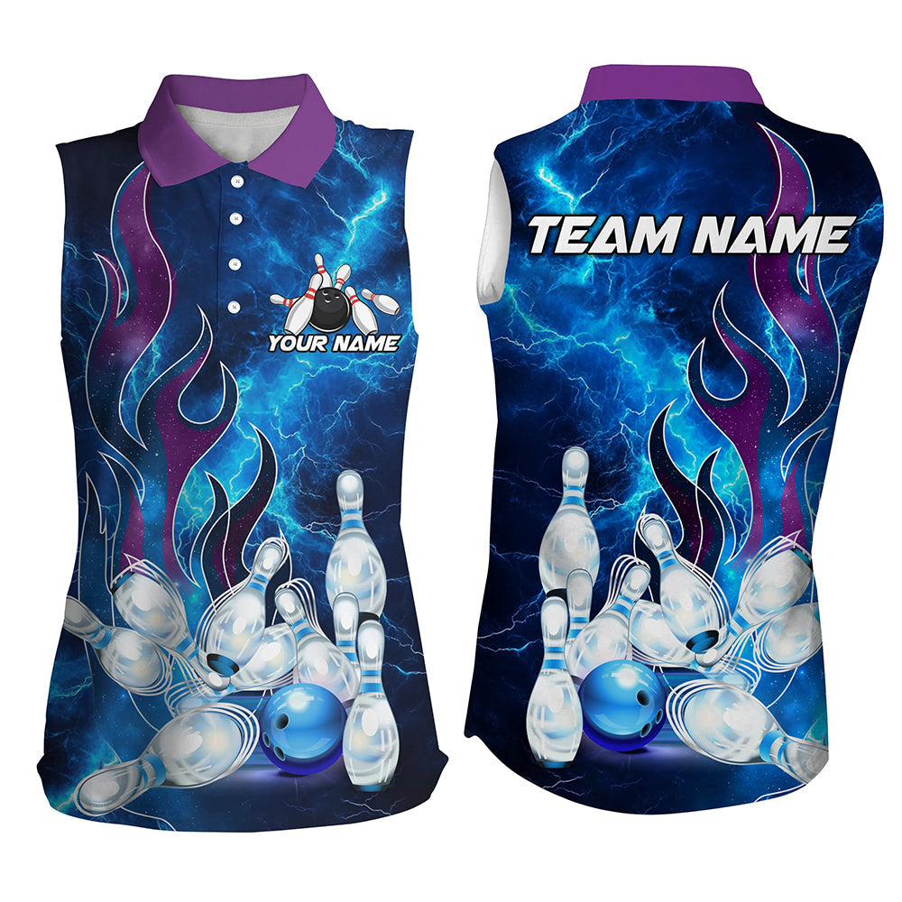 Blue Lightning Thunder Bowling sleeveless polo Shirt For Women Purple Flame Custom Team Bowler Jerseys NQS8614