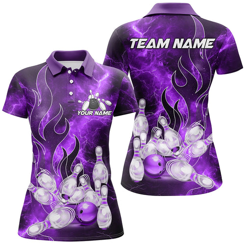 Purple Lightning Thunder Bowling Polo, 1/4 Zip Shirt For Women Purple Flame Custom Team Bowler Jersey NQS9102