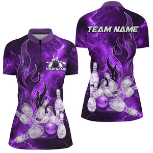 Purple Lightning Thunder Bowling Polo, 1/4 Zip Shirt For Women Purple Flame Custom Team Bowler Jersey NQS9102