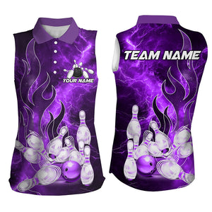 Purple Lightning Thunder Bowling sleeveless polo Shirt Purple Flame Custom Team Bowler Jerseys NQS9102