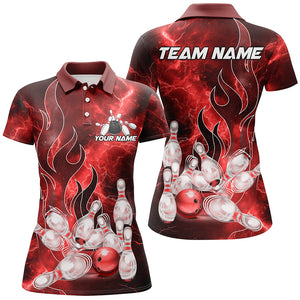 Red Lightning Thunder Bowling Polo, Quarter Zip Shirt For Women Red Flame Custom Team Bowler Jersey NQS9103