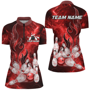 Red Lightning Thunder Bowling Polo, Quarter Zip Shirt For Women Red Flame Custom Team Bowler Jersey NQS9103