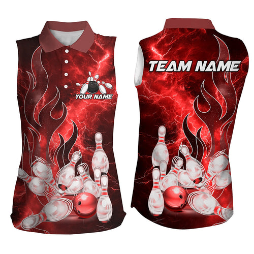 Red Lightning Thunder Bowling sleeveless polo Shirt Red Flame Custom Team Bowler Jersey NQS9103