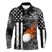 Load image into Gallery viewer, Black and White American Flag Flame Golf Ball Mens Golf Polo Shirts Custom Patriotic Men Golf Tops NQS9109