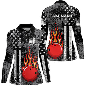 Black & White American Flag Flame Bowling Polo, Quarter Zip Shirt For Women Custom Bowling Team Jersey NQS9108