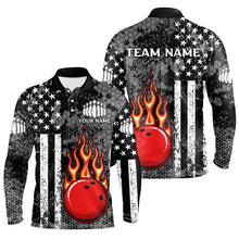 Load image into Gallery viewer, Black and White American Flag Flame Bowling Polo, Quarter Zip Shirt For Men Custom Bowling Team Jersey NQS9108