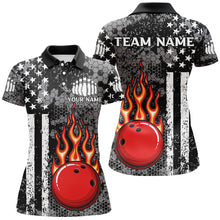 Load image into Gallery viewer, Black &amp; White American Flag Flame Bowling Polo, Quarter Zip Shirt For Women Custom Bowling Team Jersey NQS9108