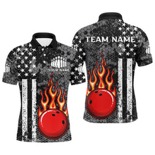 Load image into Gallery viewer, Black and White American Flag Flame Bowling Polo, Quarter Zip Shirt For Men Custom Bowling Team Jersey NQS9108