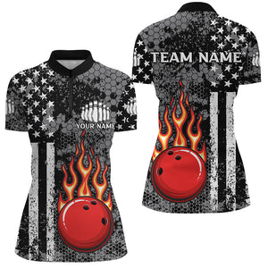 Black & White American Flag Flame Bowling Polo, Quarter Zip Shirt For Women Custom Bowling Team Jersey NQS9108