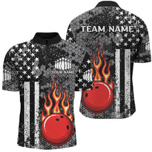 Load image into Gallery viewer, Black and White American Flag Flame Bowling Polo, Quarter Zip Shirt For Men Custom Bowling Team Jersey NQS9108