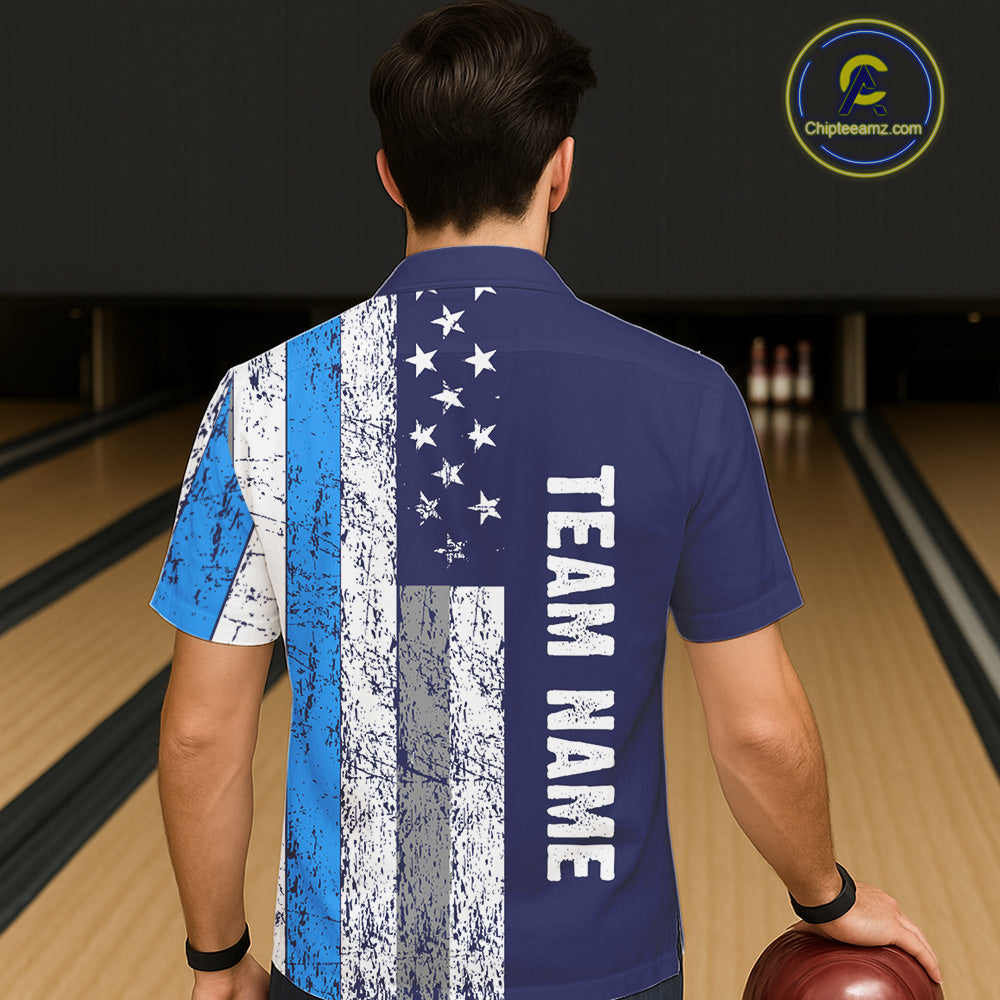 Blue Grunge American Flag Bowling Hawaiian Shirt Custom patriotic Bowling Team League Shirt NQS11176