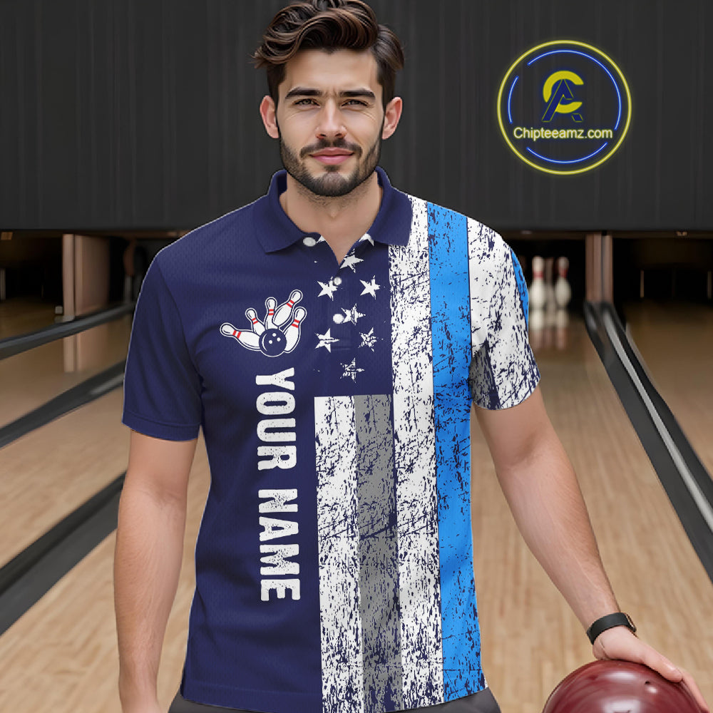 Blue Grunge American Flag Bowling Shirts For Men Custom patriotic Bowling Team League Jerseys NQS11176