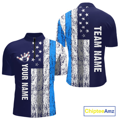 Blue Grunge American Flag Bowling Shirts For Men Custom patriotic Bowling Team League Jerseys NQS11176