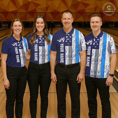 Blue Grunge American Flag Bowling Shirts For Men Custom patriotic Bowling Team League Jerseys NQS11176