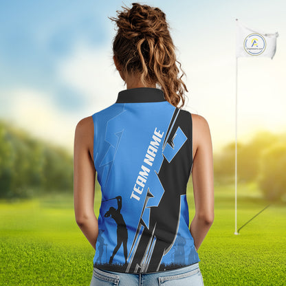 Women Sleeveless golf polo shirts custom blue and black golf tops for ladies, best golf gifts NQS10062