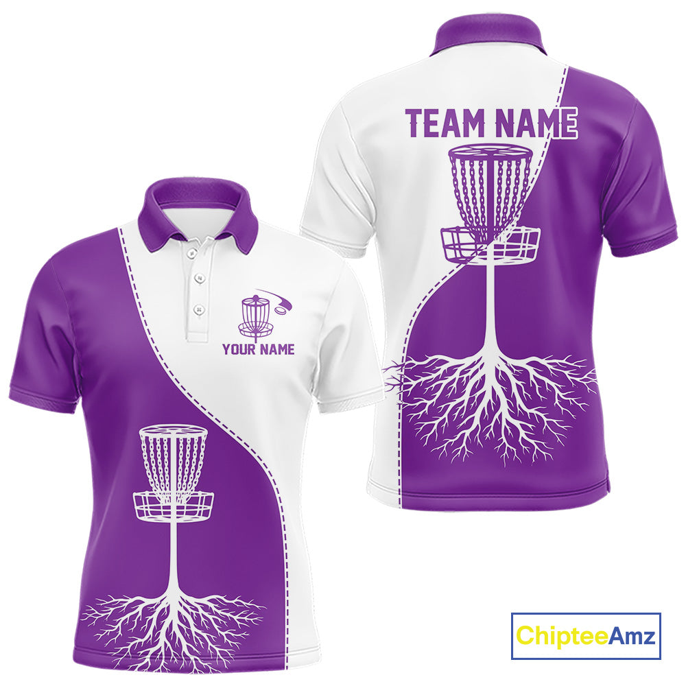 White and Purple Mens Disc golf polo shirts Custom name disc golf clothing for team NQS10068