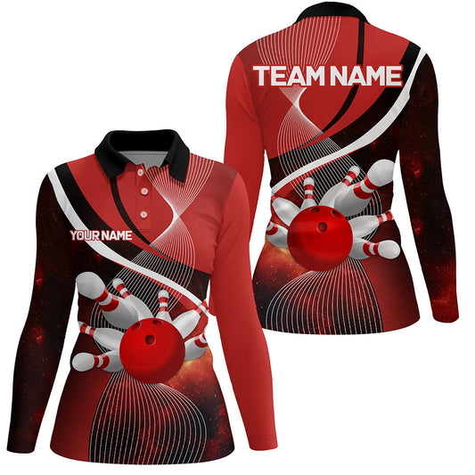 Red Galaxy Women Bowling Polo, Quarter zip Shirts Custom Bowling Team League Jerseys, Gift for bowlers NQS8415