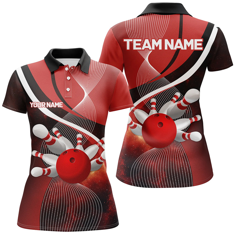 Red Galaxy Women Bowling Polo, Quarter zip Shirts Custom Bowling Team League Jerseys, Gift for bowlers NQS8415