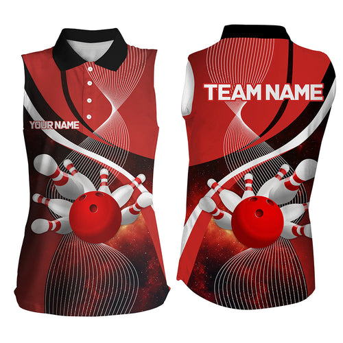 Red Galaxy Women Bowling Sleeveless Polo Shirts Custom Bowling Team League Jerseys, Gift for bowlers NQS8415