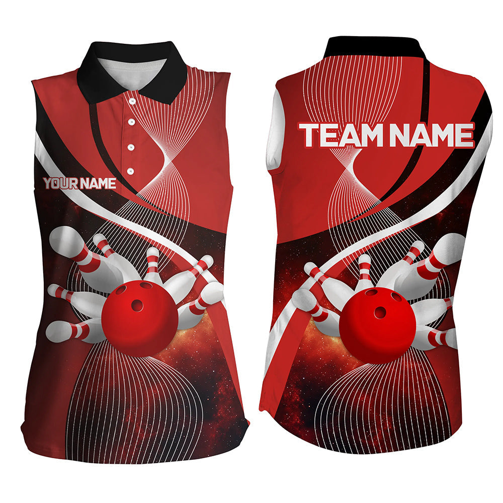 Red Galaxy Women Bowling Sleeveless Polo Shirts Custom Bowling Team League Jerseys, Gift for bowlers NQS8415