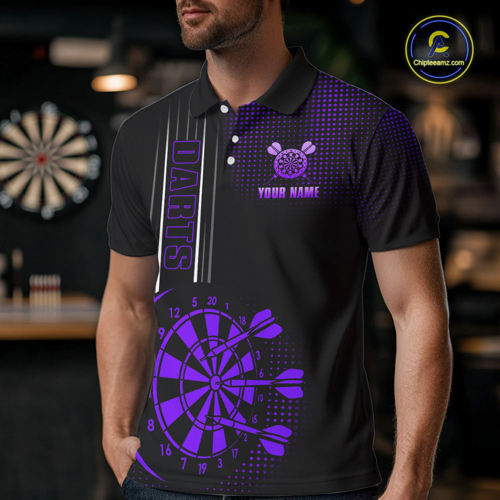 Personalized Black and Purple Darts Polo, Quarter Zip Shirt For Men Custom Dart Outfit Team Jerseys NQS10594