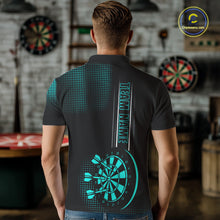 Load image into Gallery viewer, Personalized Black and Turquoise Darts Polo, Quarter Zip Shirt For Men Custom Dart Outfit Team Jersey NQS10595