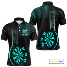 Load image into Gallery viewer, Personalized Black and Turquoise Darts Polo, Quarter Zip Shirt For Men Custom Dart Outfit Team Jersey NQS10595