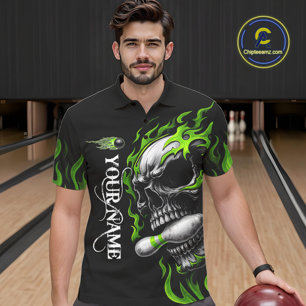 Custom Black and Green Flame Skull Bowling Shirts For Men, Personalized Skull Team Bowling Jersey NQS10793