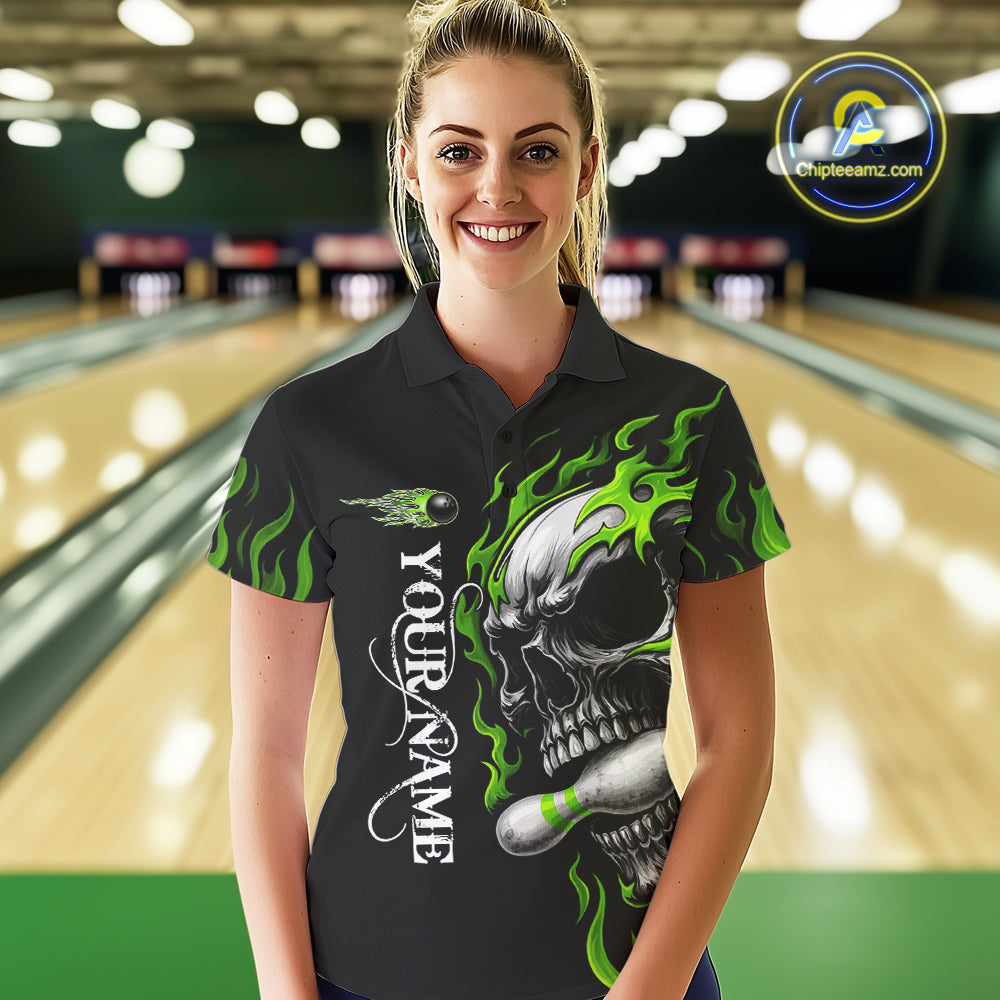 Custom Black and Green Flame Skull Bowling Shirts For Women, Personalized Skull Team Bowling Jersey NQS10793