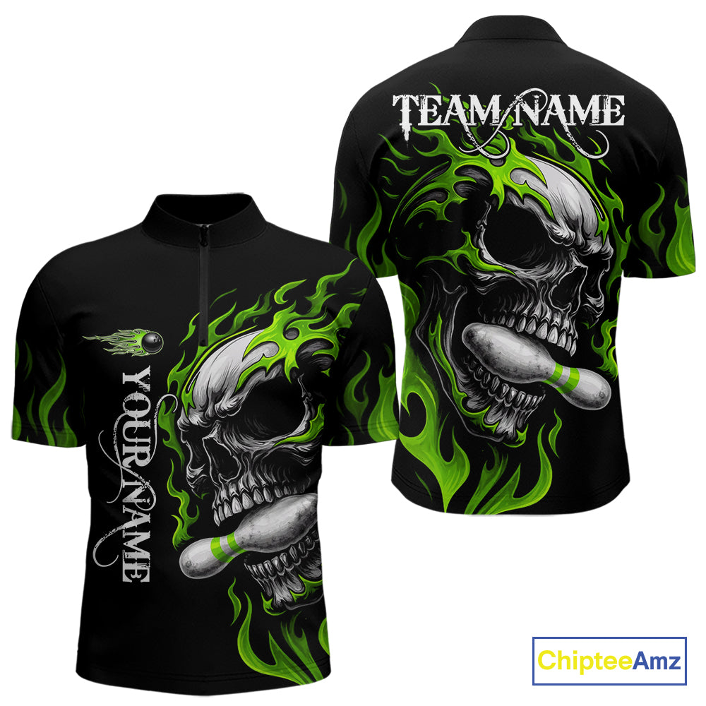 Custom Black and Green Flame Skull Bowling Shirts For Men, Personalized Skull Team Bowling Jersey NQS10793