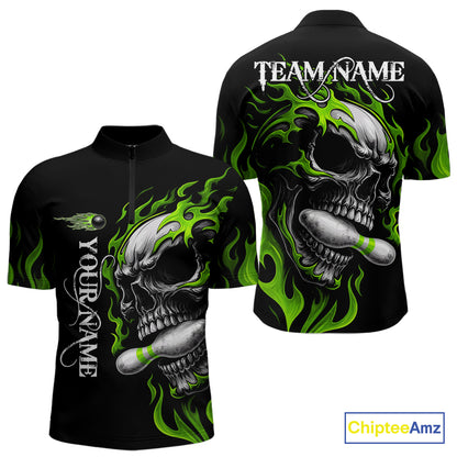 Custom Black and Green Flame Skull Bowling Shirts For Men, Personalized Skull Team Bowling Jersey NQS10793