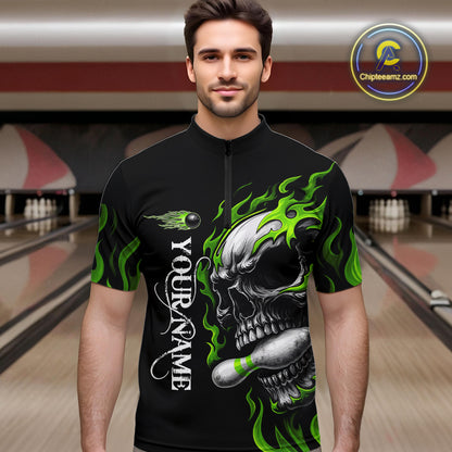 Custom Black and Green Flame Skull Bowling Shirts For Men, Personalized Skull Team Bowling Jersey NQS10793