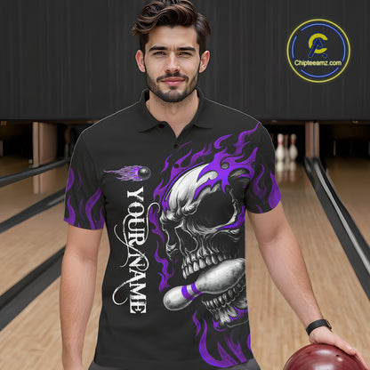 Custom Black and Purple Flame Skull Bowling Shirts For Men, Personalized Skull Team Bowling Jersey NQS10794