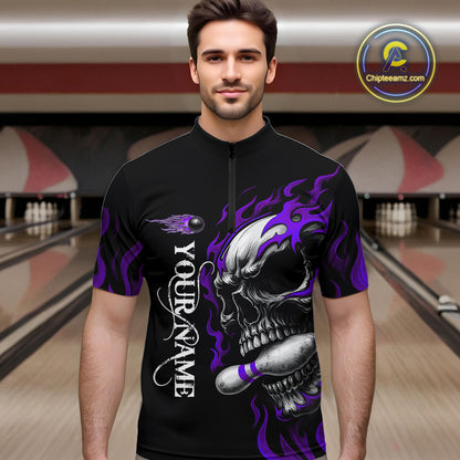 Custom Black and Purple Flame Skull Bowling Shirts For Men, Personalized Skull Team Bowling Jersey NQS10794
