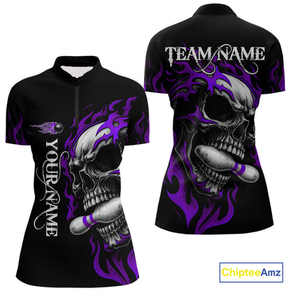 Custom Black and Purple Flame Skull Bowling Shirts For Women, Personalized Skull Team Bowling Jersey NQS10794