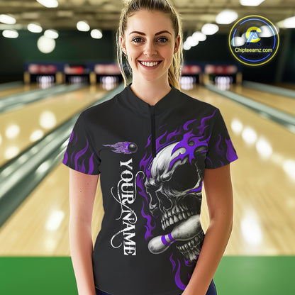 Custom Black and Purple Flame Skull Bowling Shirts For Women, Personalized Skull Team Bowling Jersey NQS10794