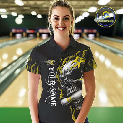 Custom Black and Gold Flame Skull Bowling Shirts For Women, Personalized Skull Team Bowling Jersey NQS10795