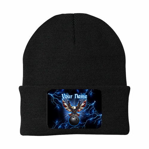Blue lightning thunder bowling American flag Eagle custom Rectangle Patch Bowling Knit Beanie Hat NQS10800