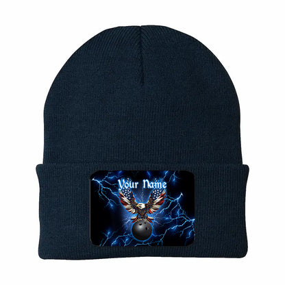 Blue lightning thunder bowling American flag Eagle custom Rectangle Patch Bowling Knit Beanie Hat NQS10800