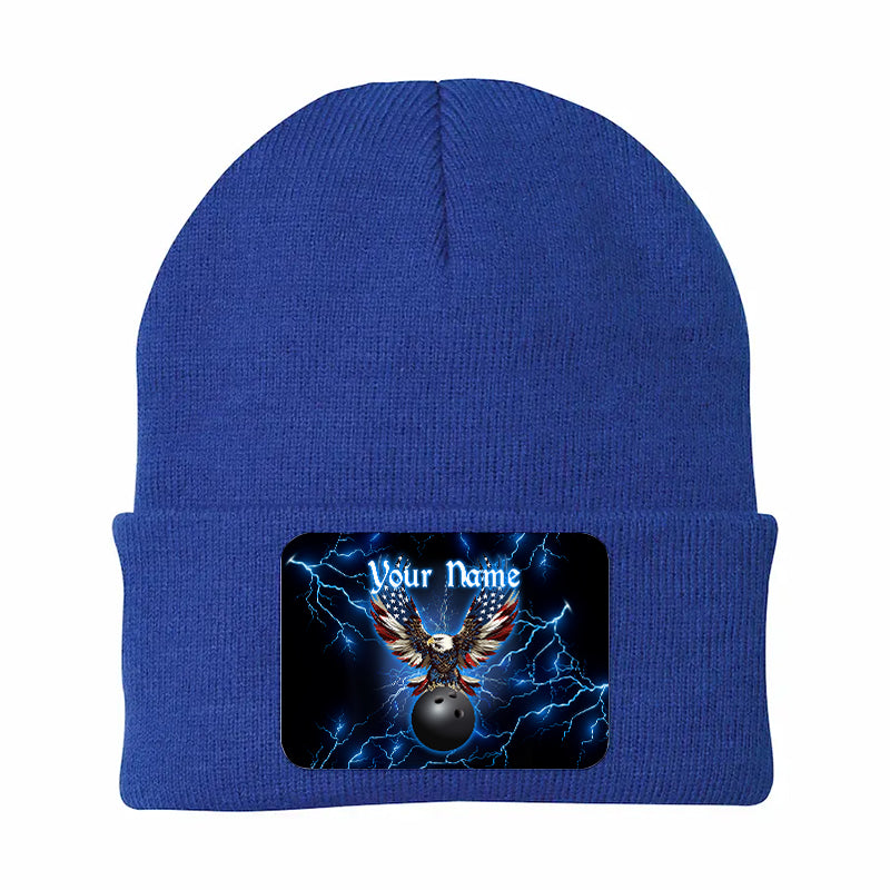 Blue lightning thunder bowling American flag Eagle custom Rectangle Patch Bowling Knit Beanie Hat NQS10800