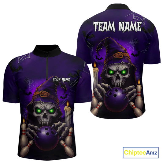 Custom Purple Skull Halloween Bowling Polo, Quarter Zip Shirts For Men, Skull Team Bowling Jersey NQS10803