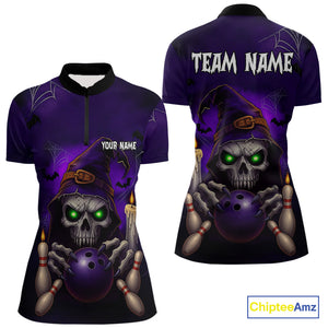 Custom Purple Skull Halloween Bowling Polo, Quarter Zip Shirts For Women, Skull Team Bowling Jersey NQS10803