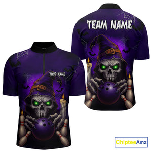Custom Purple Skull Halloween Bowling Polo, Quarter Zip Shirts For Men, Skull Team Bowling Jersey NQS10803