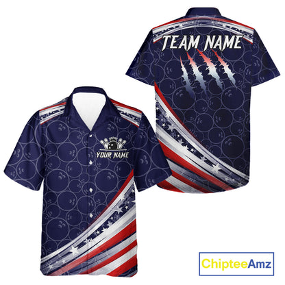 American Flag Camo Bowling Button-up Shirt Custom patriotic Bowling Team Hawaiian shirts | Navy NQS11180