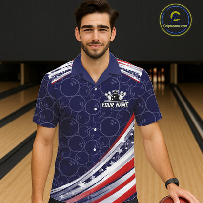 American Flag Camo Bowling Button-up Shirt Custom patriotic Bowling Team Hawaiian shirts | Navy NQS11180