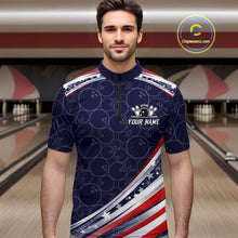 Load image into Gallery viewer, American Flag Camo Bowling Shirts For Men Custom patriotic Bowling Team Polo, 1/4 zip Jerseys | Navy NQS11180