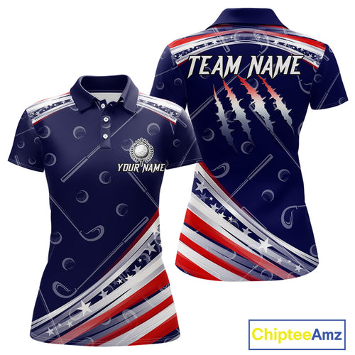 American Flag Camo Golf Polo Shirts For Women Custom patriotic ladies golf shirt, golfer gifts | Navy NQS11181
